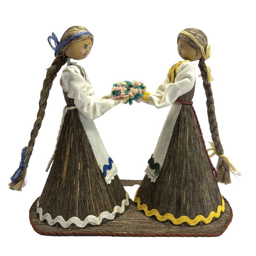 Vintage Russian Folk Art Wood Face Flax & Straw 7" Girl Dolls Long Braids